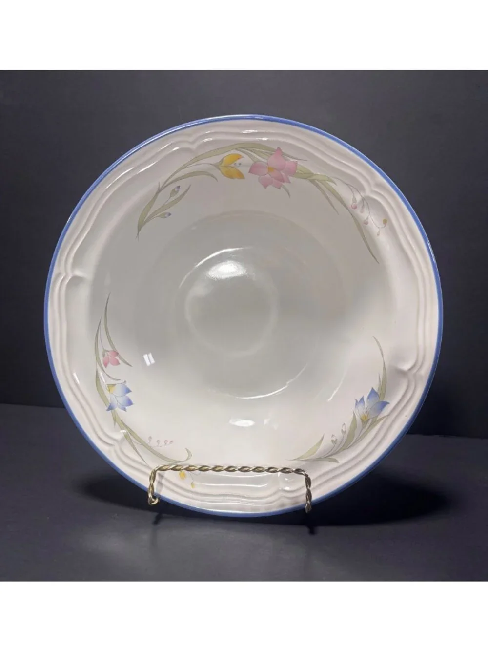 French Garden Genuine Stoneware Vegetable Serving Bowl Floral Design Vintage 80s